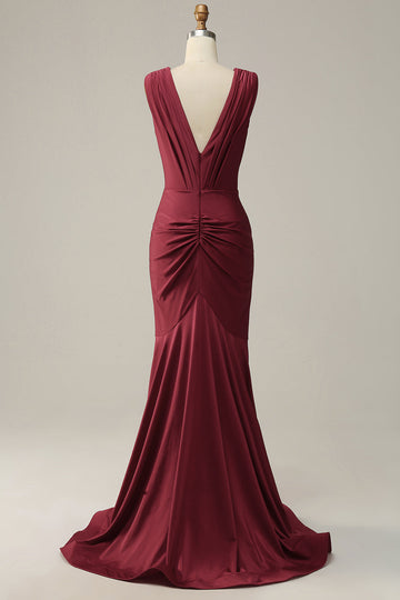 Mermaid Deep V Neck Burgundy Sleeveless Long Ball Dress